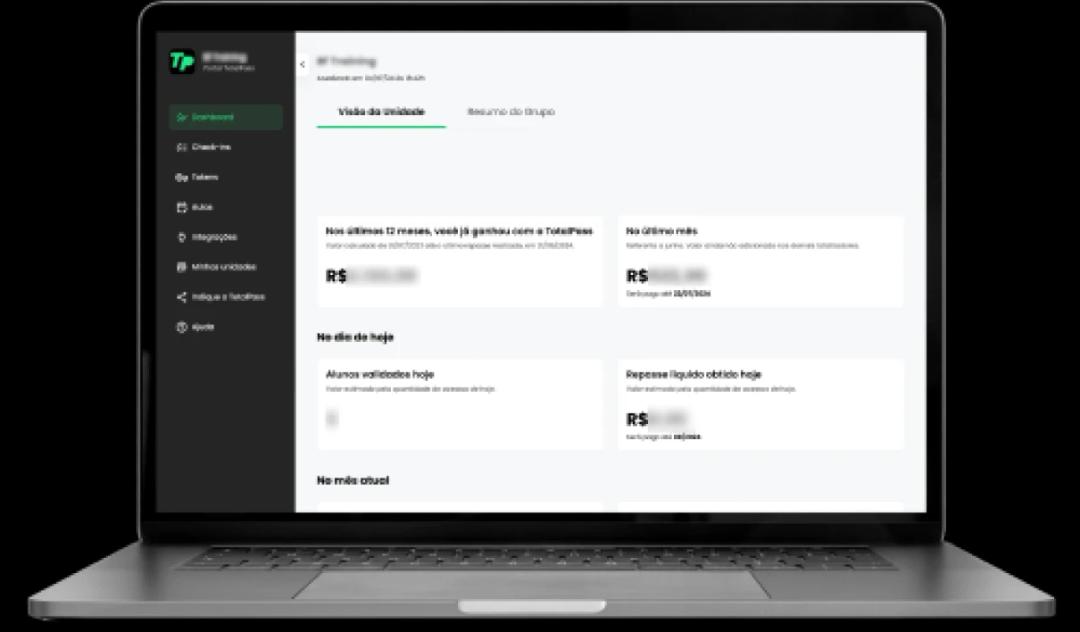 A imagem tem uma página com dados financeiros do Portal de Academias da TotalPass.